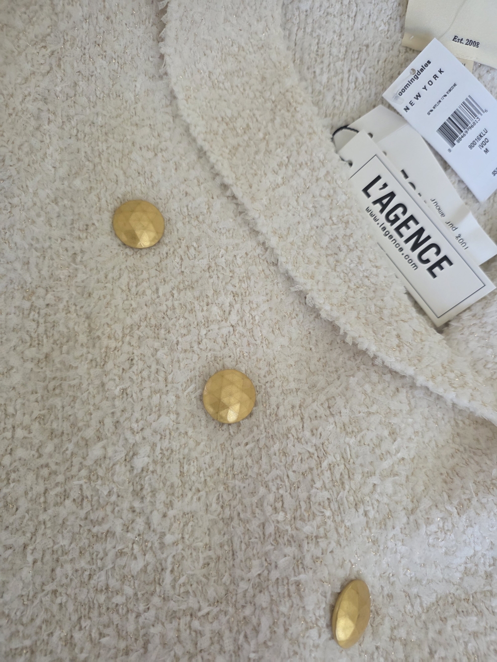 L'AGENCE Cream Bouclé Double-Breasted Blazer with Gold Buttons Sz M - Picture 2 of 4